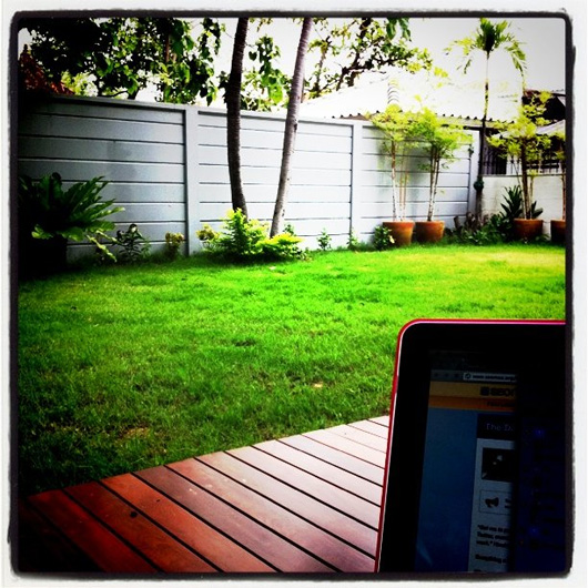 The mobile team working from the garden